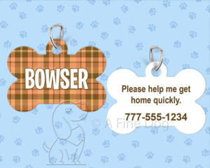 Please help me get home quickly, Bone shaped brown plaid pet tag